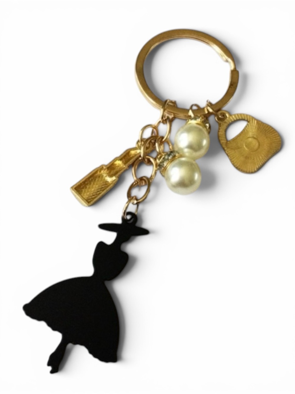 Fashion‑Girl Enamel Bag Charm / Keychain – Chic Black, Gold & Pearl Details - Picture 8 of 10